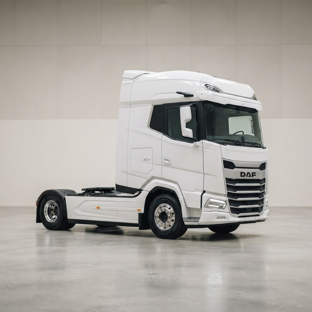 A modern white European semi-truck tractor unit