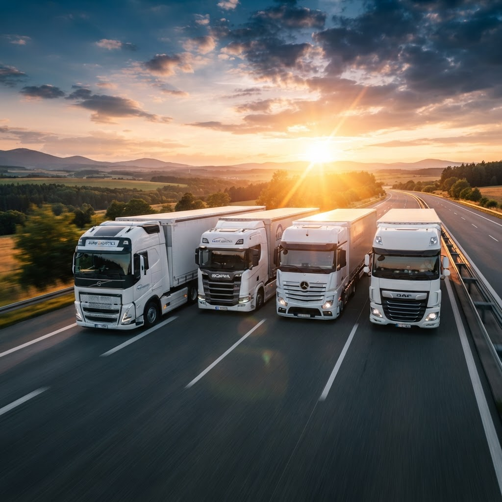 A fleet of modern European trucks driving on a motorway at golden hour