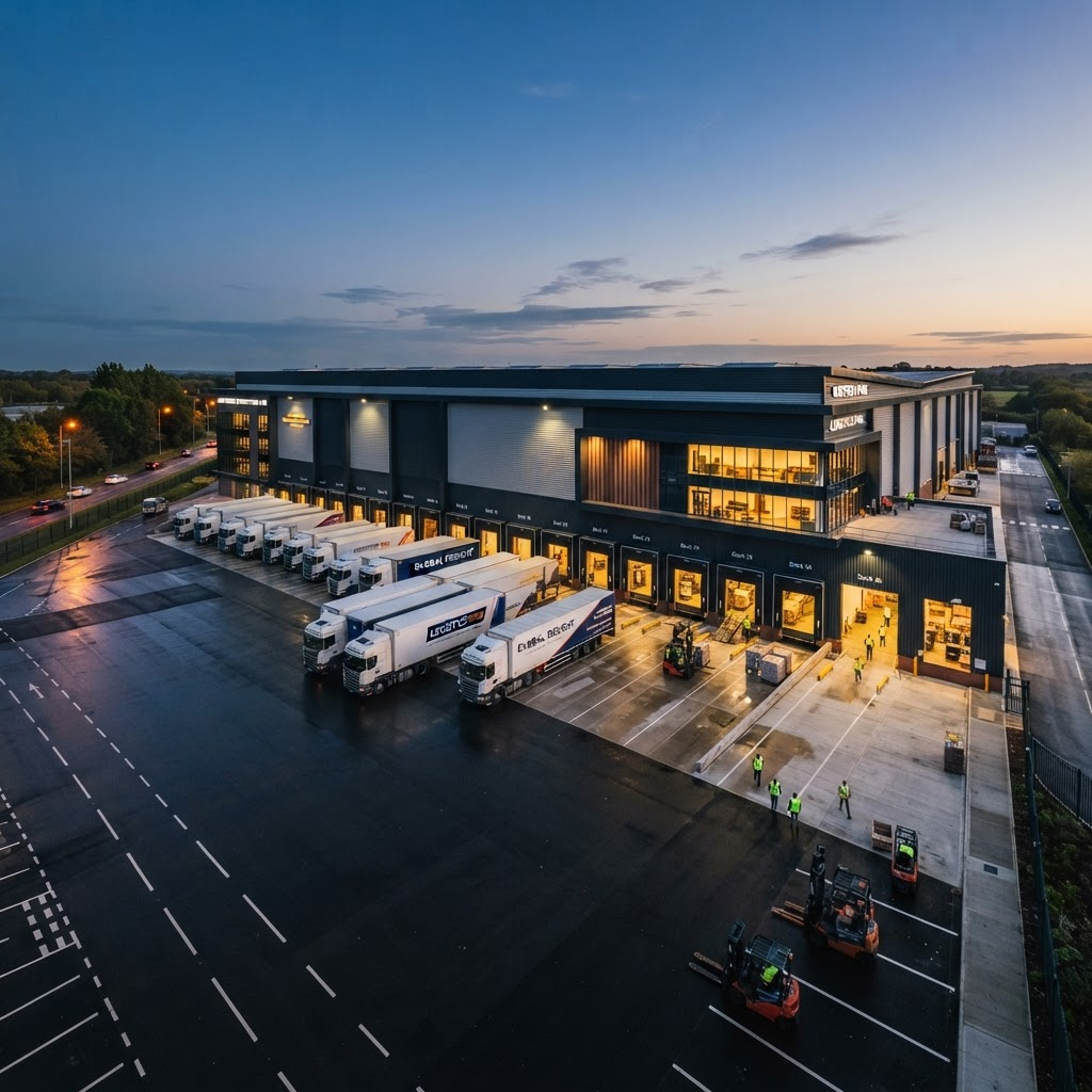Modern logistics distribution hub at dusk with trucks at loading docks