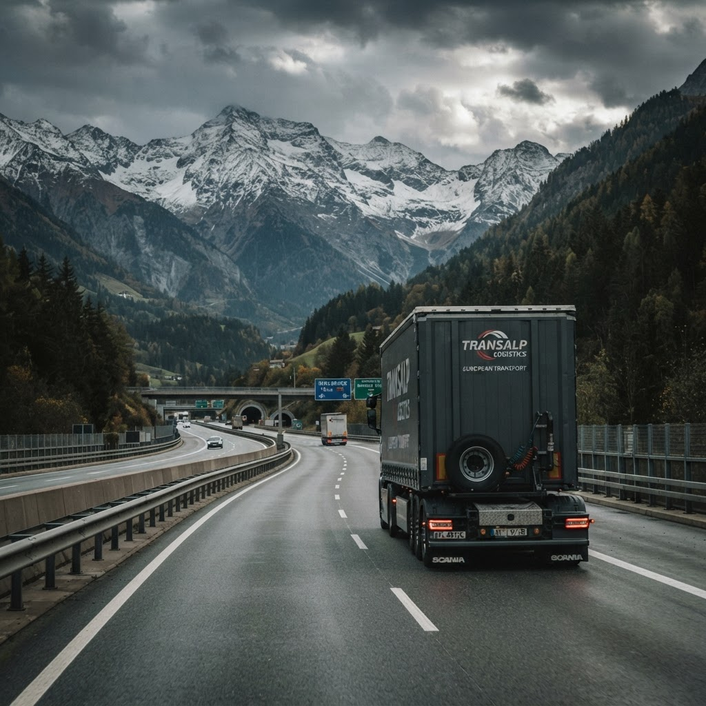 View of a semi-truck driving on a scenic European motorway
