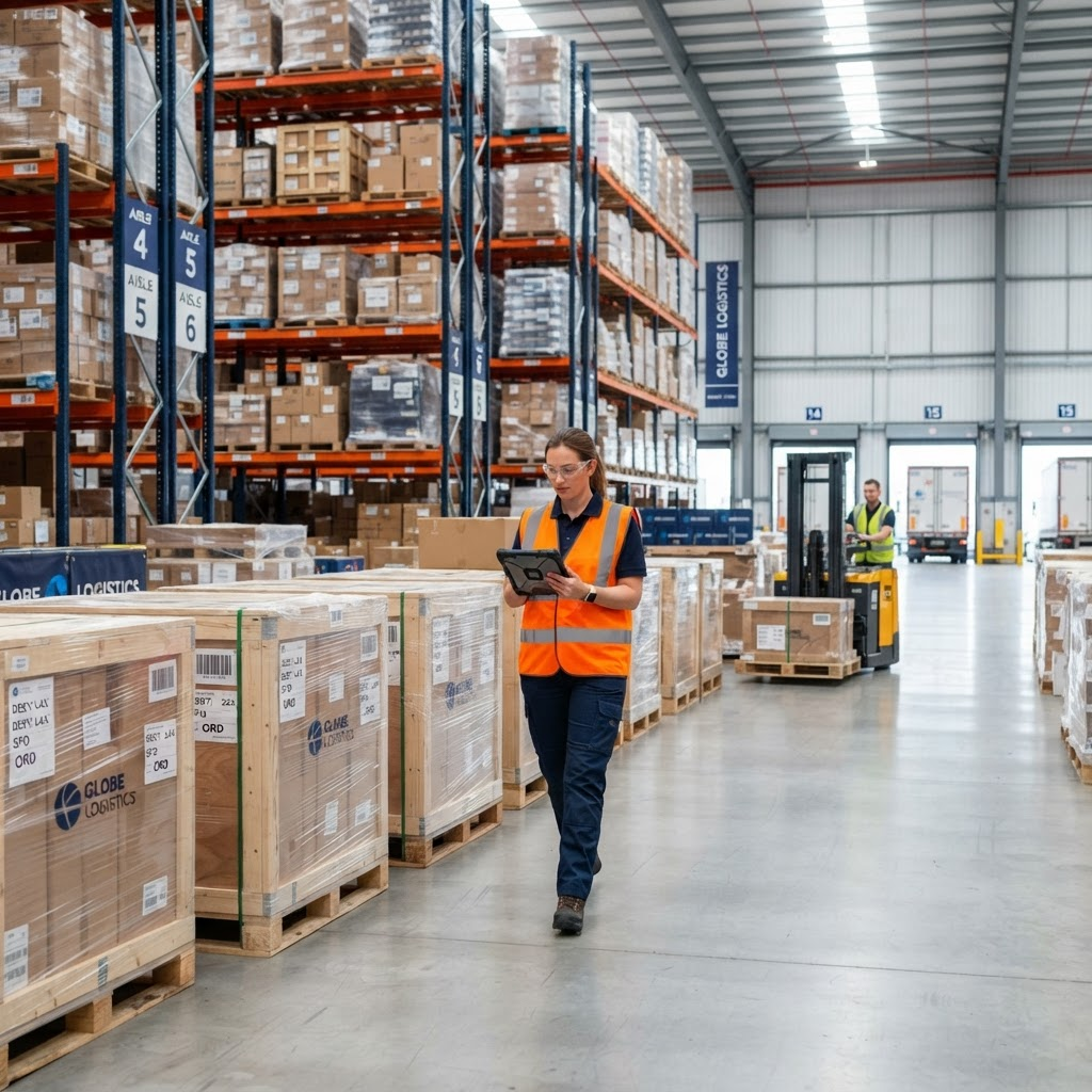 Interior of a modern freight warehouse with palletised cargo